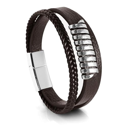 Leather Bracelet for Men Braided Stainless Steel Mens Bracelets - color: Brown 5