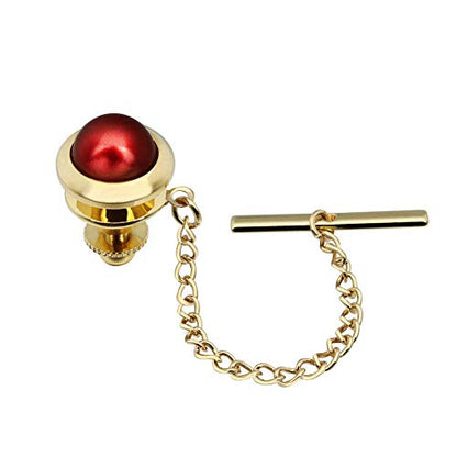 AMITER Crystal/Pearl Tie Tack with Chain, Gold Mens Tie Pin Necktie Pins Lapel Pin for Wedding Birthday Anniversary Party - color: 24k Gold+Red Imitation Pearl