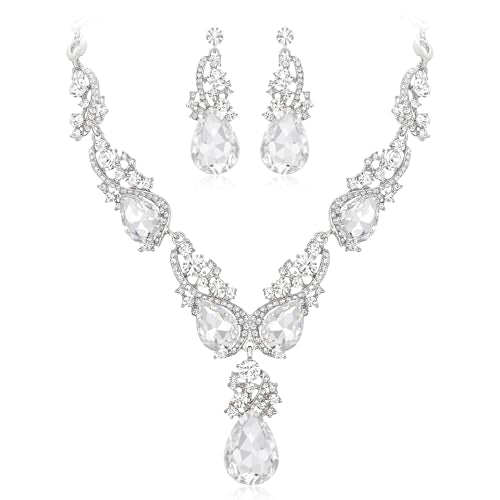 Women's Wedding Bridal Crystal Multi Teardrop Cluster Statement Necklace Dangle Earrings Set - color: 06-Clear Silver-Tone