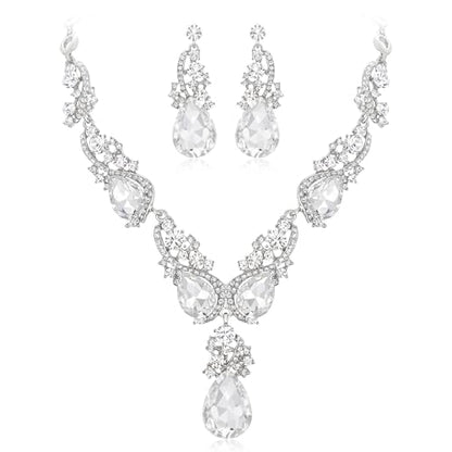 Women's Wedding Bridal Crystal Multi Teardrop Cluster Statement Necklace Dangle Earrings Set - color: 06-Clear Silver-Tone