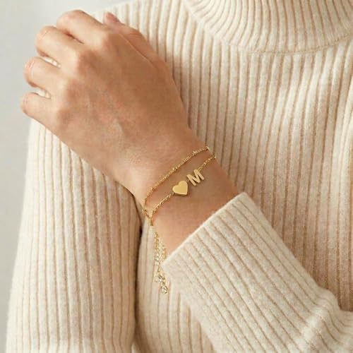 Gold Plated Layered Initial Charm Bracelet for Women - Personalized A-Z Letter Jewelry with Satellite Chain, Adjustable Bracelet Gift for Her, Everyday Wear - color: Gold-M