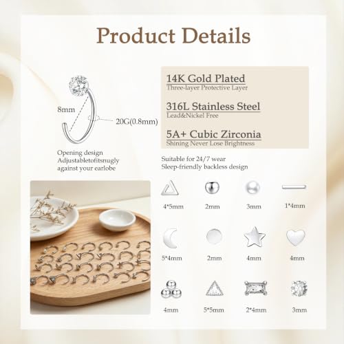 12 Pairs Half Hoops Earrings for Women Backless Earrings 14K Gold/Silver | Stay Close Open Hoop Huggie Earrings Hypoallergenic 316L Stainless Steel Poke Free Sleep in Trendy Jewelry Gift - style: 12S