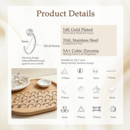 12 Pairs Half Hoops Earrings for Women Backless Earrings 14K Gold/Silver | Stay Close Open Hoop Huggie Earrings Hypoallergenic 316L Stainless Steel Poke Free Sleep in Trendy Jewelry Gift - style: 12S