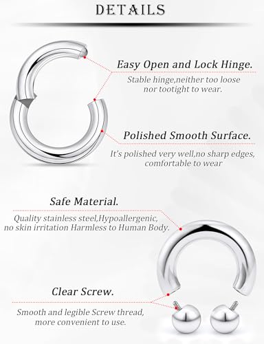 18G-2G Septum Rings 316L Surgical Steel Horseshoe Gauges Earrings Septum Nose Ring Silver Cartilage Helix Tragus Daith Rook Earring Hoop Lip Piercing Jewelry for Women Men - style: 2G(6.0mm)-Dia:16mm