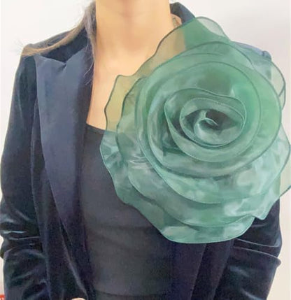 10inch Extra Large Flower Brooch Pin for Women Fashion Dainty Organza Satin Fabric Big Camellia Brooches Lapel Pins Wedding Dance Party Dress Accessories Exaggerated Jewelry Gift - color: 10 inch Blackish Green
