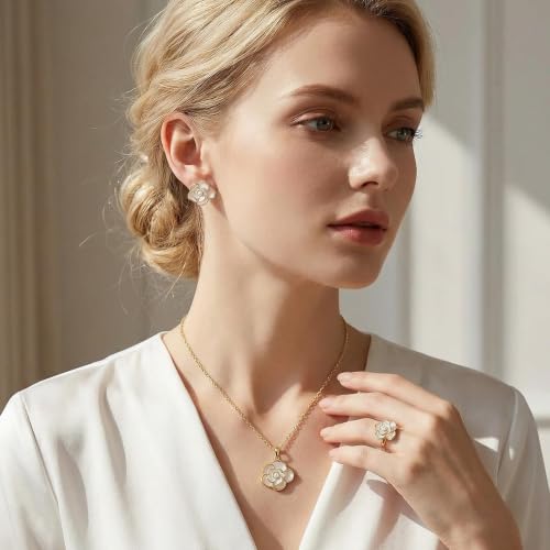 Wedding Jewelry Sets for Brides Bridesmaid Pearl Jewelry Set Fancy Gold Flower Necklace and Earrings Simple Pearl Necklace for Women Bridal Earrings Wedding Accessories Essentials Gifts - color: A9：3pcs flower jewelry set