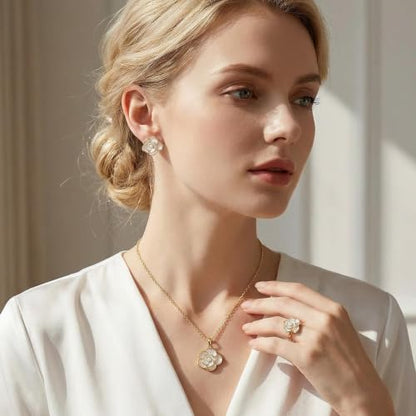 Wedding Jewelry Sets for Brides Bridesmaid Pearl Jewelry Set Fancy Gold Flower Necklace and Earrings Simple Pearl Necklace for Women Bridal Earrings Wedding Accessories Essentials Gifts - color: A9：3pcs flower jewelry set