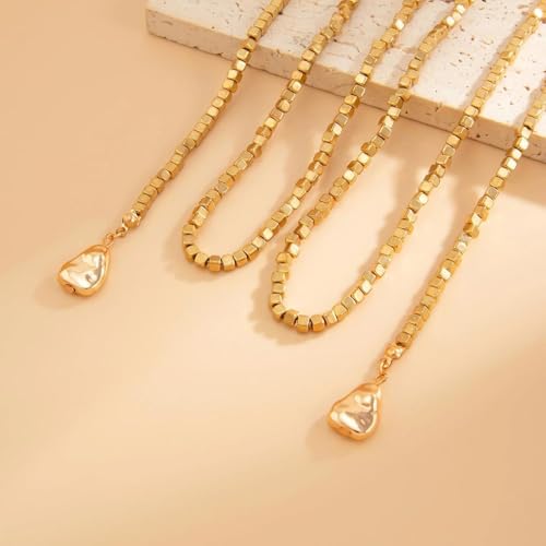 FUTIMELY Gold Long Body Chain Tassel Pendant Necklace for Women,Shiny Metallic Cube Beaded Adjustable Y Drop Lariat Necklace Minimalist Textured Jewelry - color: Golden