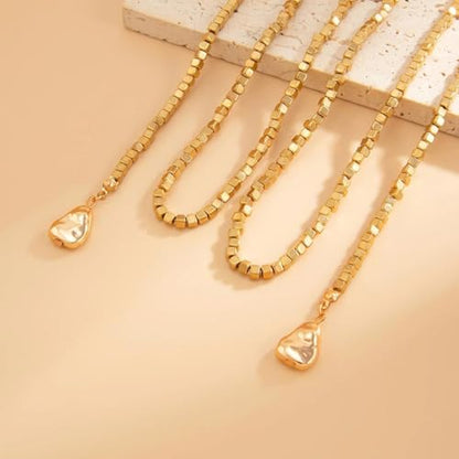 FUTIMELY Gold Long Body Chain Tassel Pendant Necklace for Women,Shiny Metallic Cube Beaded Adjustable Y Drop Lariat Necklace Minimalist Textured Jewelry - color: Golden