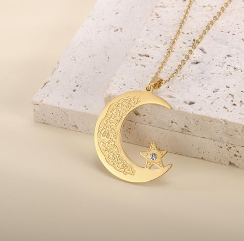 Islamic Ayatul Kursi Necklace Muslim Crescent Moon and Star Pendant Arabic Calligraphy Allah Amulet Religious Jewelry Eid Ramadan Gift for Women Men - color: gold