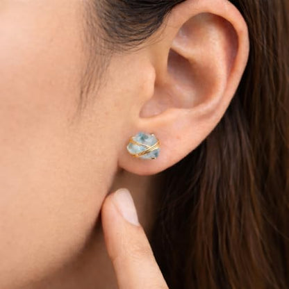 Gempires Wire Wrapped Raw Gemstone Stud Earrings for Women, Birthstone | Handmade wire-wrapped raw gemstone stud earrings — choose from stones and birthstones, artisan raw crystals on gold. - style: Aquamarine