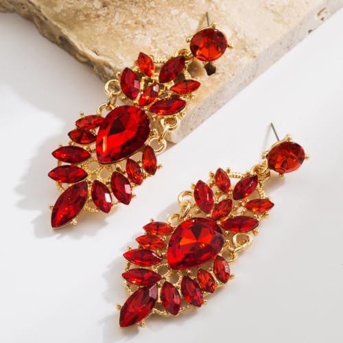 Rhinestone Drop Earrings for Women Chunky Gold Crystal Teardrop Earrings Statement Wedding Party Prom Bridal Jewelry - color: Red