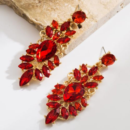 Rhinestone Drop Earrings for Women Chunky Gold Crystal Teardrop Earrings Statement Wedding Party Prom Bridal Jewelry - color: Red