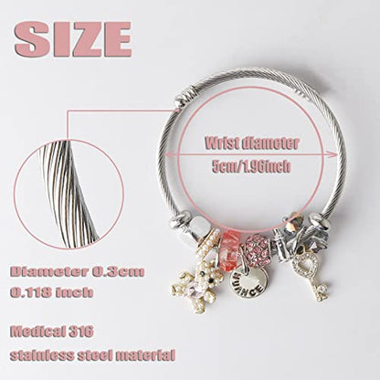 DS Charm Bracelets for girls,exquisite cute cartoon friendship bracelets Silver Stainless Steel Bangle with birthday Gift box, Adjustable girls jewelry Suitable for holiday gifts - style: Silver-pink bear