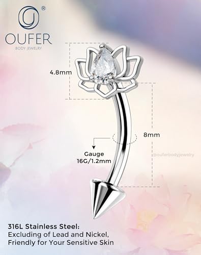 OUFER 16G Rook Piercing Jewelry, Lotus Eyebrow Earrings, 316L Surgical Steel Rook Earrings, Curved Barbell Lip Rings, Helix Cartilage Piercing Jewelry for Women - color: Silver