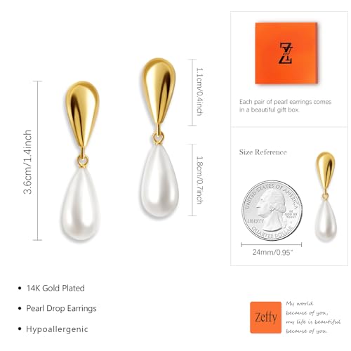 Pearl Earrings for Women 14k Gold/Silver Pearl Drop Earrings Long White Pearl Tassel Dangle Statement Earrings Bridal Wedding Dainty Prom Earrings Birthday Gifts Jewelry - color: Gold Teardrop Pearl Drop Earrings