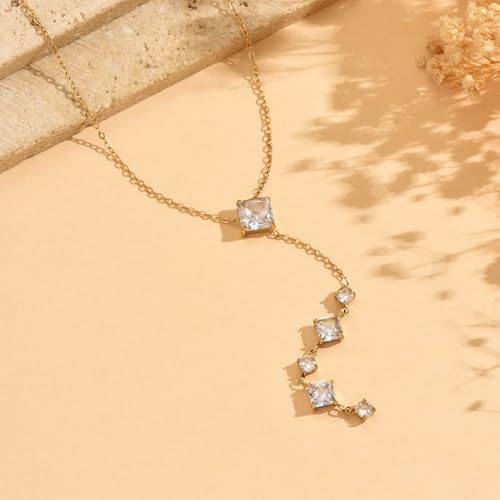 Lariat Necklaces for Women 18K Gold Plated Cubic Zirconia Heart Necklaces Dainty Star Lightning Sun and Moon Necklace Trendy Y Shaped Drop Diamond Necklace - color: CZ Y Necklace-Gold