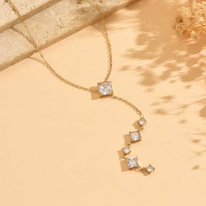 Lariat Necklaces for Women 18K Gold Plated Cubic Zirconia Heart Necklaces Dainty Star Lightning Sun and Moon Necklace Trendy Y Shaped Drop Diamond Necklace - color: CZ Y Necklace-Gold