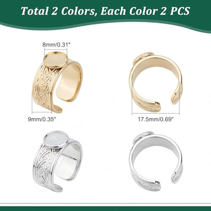 UNICRAFTALE 4Pcs 2 Colors Wide Tray Cuff Ring Settings Size 7 Cabochon Ring Carving Pattern Stainless Steel Blank Rings 8mm Trays Open Finger Rings for Jewelry Making