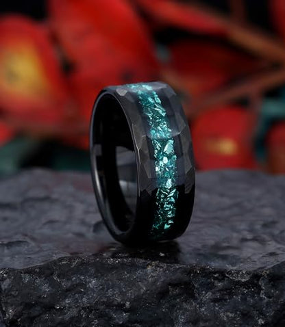8mm Black Tungsten Mens Wedding Band with Moss Agate/Emerald/Citrine | Amethyst/Aquamarine, Gothic, Birthstone, Hammered, Engagement Promise Ring, Anniversary Valentine Day Birthday Gift for Him - style: Greenish Blue Aquamarine