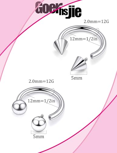 ASTM F136 Titanium 20/18/16/14/12/8/6/4/2g Internally Threaded Horseshoe Nose Septum Ring Gauge Earrings Lip Rings Prince Albert Jewelry Hoop Piercings for Women Men - size: 12g*12mm