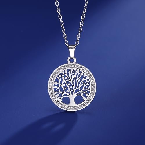 Dreamtimes Tree of Life Necklace for Women Stainless Steel Gold Color Clear Zircon Round Pendant Neck Chains Family Tree Fashion Charm Luxury Jewelry Wedding Gift - color: SILVER