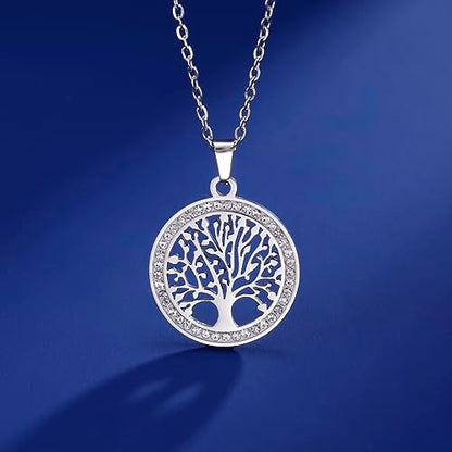 Dreamtimes Tree of Life Necklace for Women Stainless Steel Gold Color Clear Zircon Round Pendant Neck Chains Family Tree Fashion Charm Luxury Jewelry Wedding Gift - color: SILVER