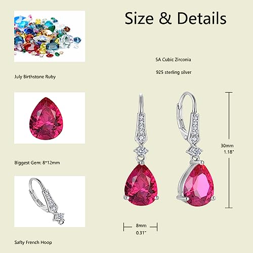 Women 925 Sterling Silver Birthstone Teardrop Leverback Drop Dangle Earrings 8 * 12mm 5A Cubic Zirconia Jewelry for Her - color: July,Ruby Color