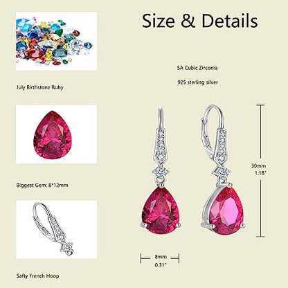 Women 925 Sterling Silver Birthstone Teardrop Leverback Drop Dangle Earrings 8 * 12mm 5A Cubic Zirconia Jewelry for Her - color: July,Ruby Color