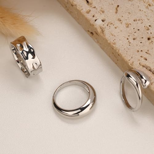 Gold Chunky Rings for Women Non Tarnish, 18K Gold Plated Statement Dome Rings Stacking,Thumb Ring, Mens Silver Wedding Band Jewelry Size 5-11 - color: Silver