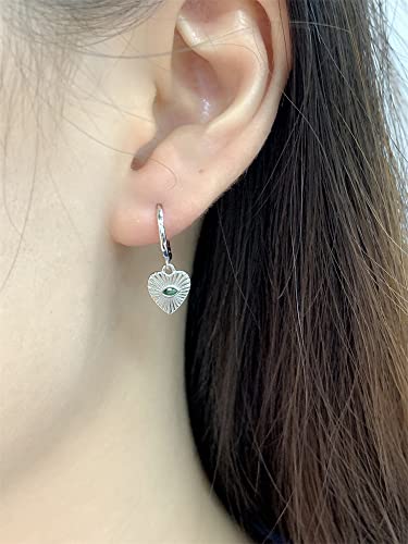 Heart Evil Eye Dangle Small Hoop Earrings for Women Girls 925 Sterling Silver Green CZ Eyes Charms Drop Dangling Huggie Hoops Cartilage Cuff Hypoallergenic Earring Gifts Birthday Christmas Valentine - color: Silver