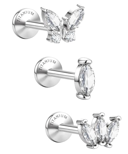 3 Pcs G23 Implant Grade Titanium Flat Back Earrings for Women Men | Hypoallergenic Internally Threaded 5A CZ Gold Flatback Stud, Tragus, Cartilage, Conch Piercing Jewelry for Sensitive Ears 18G - color: Silver 2