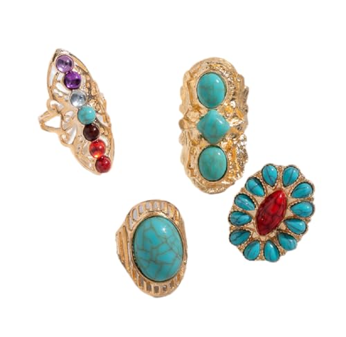 4 Pcs Bohemian Vintage Turquoise Oval Flower Rings for Women Geometric Ethnic Natural Stone Adjustable Silver Joint Knuckle Rings Western Cowgirl Statement Jewelry - color: Gold
