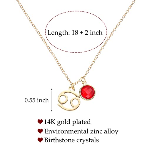 14k Gold Plated Zodiac Birthstone Crystal Pendant Necklace, Horoscope Sign Charm Necklace for Women Birthday Gift - color: Cancer-July