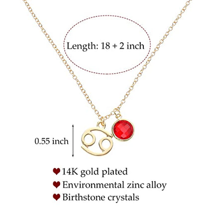 14k Gold Plated Zodiac Birthstone Crystal Pendant Necklace, Horoscope Sign Charm Necklace for Women Birthday Gift - color: Cancer-July
