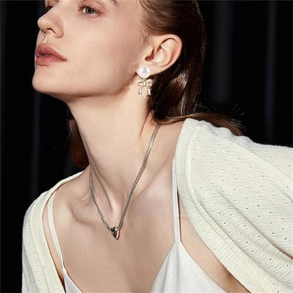 MALOYANVE 4PCS Bow Necklace Earrings Bracelet Ring Set for Women Elegant Bowknot - Adorned Pearl Jewelry Silk Ribbon Necklace Bracelet and Earrings for Christmas - style: Hollow White Bow
