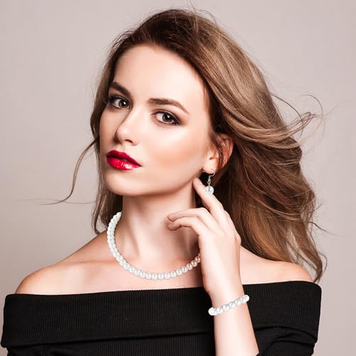 3 Pcs 8mm Pearl Necklace Bracelet Earrings Set Faux Pearl Jewelry Set for Women Simulated Pearl Necklaces Set Round White Pearl Costume Jewelry Accessories for Women Girls Brides Wedding Gift - color: White