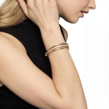 mixed metal Tri-Tone Bangles Bracelet for Women, 3/5 Pcs Stainless Steel Gold Plated Stackable Bracelet Set, Stylish Jewelry Gift - color: Gold zirconium+gold+gold, size: 72