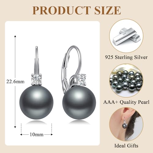 925 Sterling Silver Pearl Leverback Earrings for Women Cubic Zirconia Pearl Jewelry 10MM - color: A: Leverback-Dark Gray