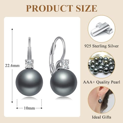 925 Sterling Silver Pearl Leverback Earrings for Women Cubic Zirconia Pearl Jewelry 10MM - color: A: Leverback-Dark Gray