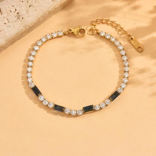 Tennis Bracelet for Women 18K Gold Plated White Red Green Black Blue Pink 3mm Cubic Zirconia Bracelet Dainty Diamond Adjustable Bracelet Trendy Jewelry Gift - color: Blue Tennis-Gold