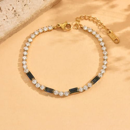 Tennis Bracelet for Women 18K Gold Plated White Red Green Black Blue Pink 3mm Cubic Zirconia Bracelet Dainty Diamond Adjustable Bracelet Trendy Jewelry Gift - color: Blue Tennis-Gold