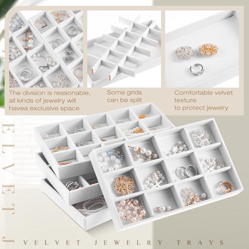 12 Pcs Jewelry Tray Velvet Stackable Jewelry Organizer Trays Divided Earring Accessories Storage Containers Box (Rose Red) - color: White