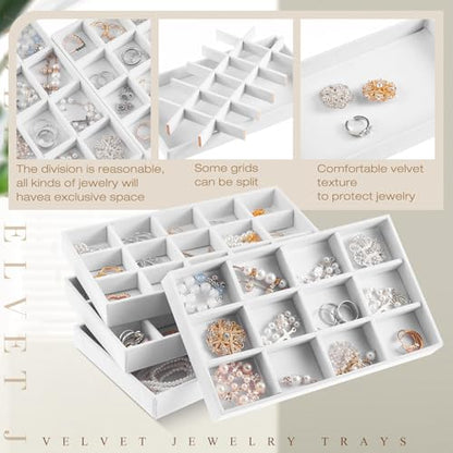 12 Pcs Jewelry Tray Velvet Stackable Jewelry Organizer Trays Divided Earring Accessories Storage Containers Box (Rose Red) - color: White
