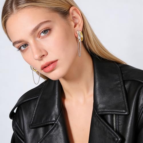 Two-Tone Chain Drop Clip-On Earrings Drop Clip On Earrings for Women No Piercings Statement Gold and Silver Studs Modern Jewelry