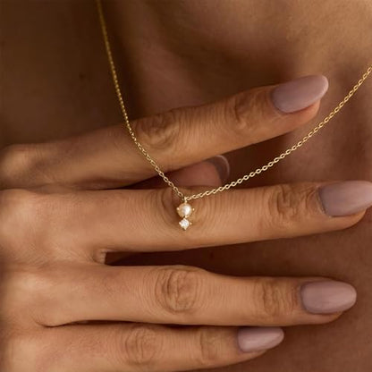 Gold Necklace for Women, Dainty 14K Gold Plated Pendant Necklaces for Women Trendy Simple Choker Chain Cubic Zirconia Circle/Interlocking/Sun/Pearl Necklace Fashion Jewelry Charm Gifts - color: Pearl CZ-2