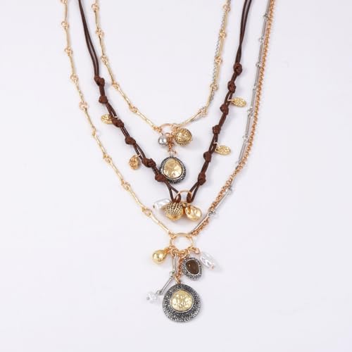LUREME Vintage 3-in-1 Layered Necklace Set for Women, Gold Coin & Brown Wax Rope Boho Jewelry(nl006387)