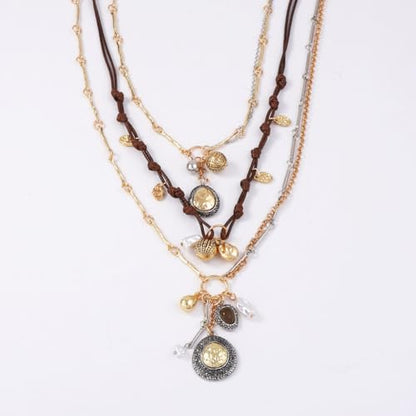 LUREME Vintage 3-in-1 Layered Necklace Set for Women, Gold Coin & Brown Wax Rope Boho Jewelry(nl006387)