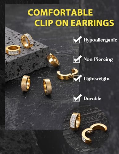 Jstyle Mens Clip On Hoop Earrings, Non Piercing Huggie Hoops for Men Women | Stainless Steel Hoops for Non-Pierced Ears, 14K Gold Plated/Silver Fake Earrings for Halloween/Party, Christmas Jewelry Gift - color: Gold