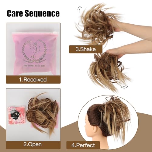 HMD Tousled Updo Messy Bun Hair Piece for Women Synthetic Hair Extension | Messy Bun Hair Piece with Elastic Scrunchie Synthetic Tousled Updos Ponytail Hairstyles for Daily Wear - color: Brown Mixed Blonde